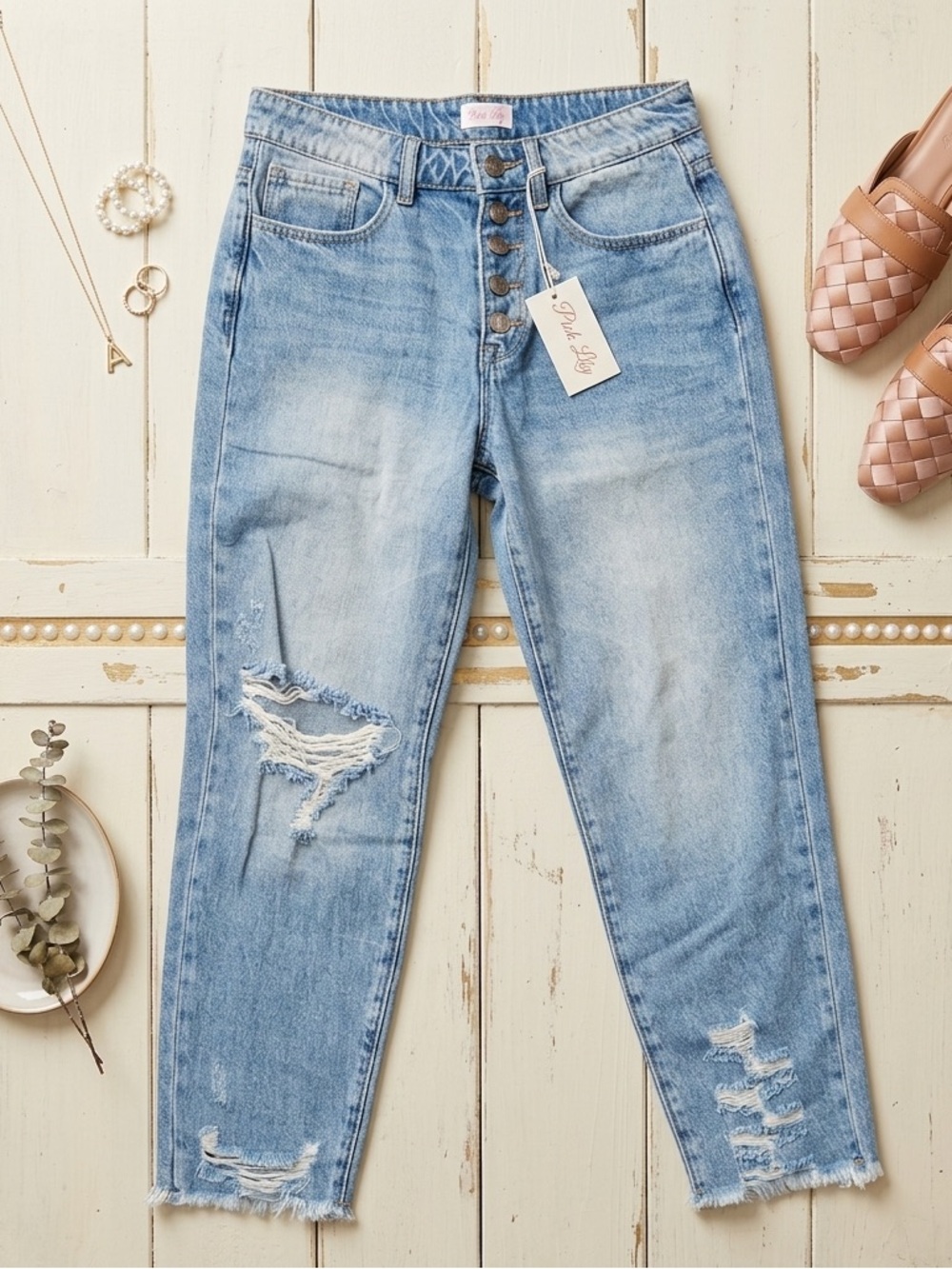 Pink Lily Light Wash Distressed Jeans